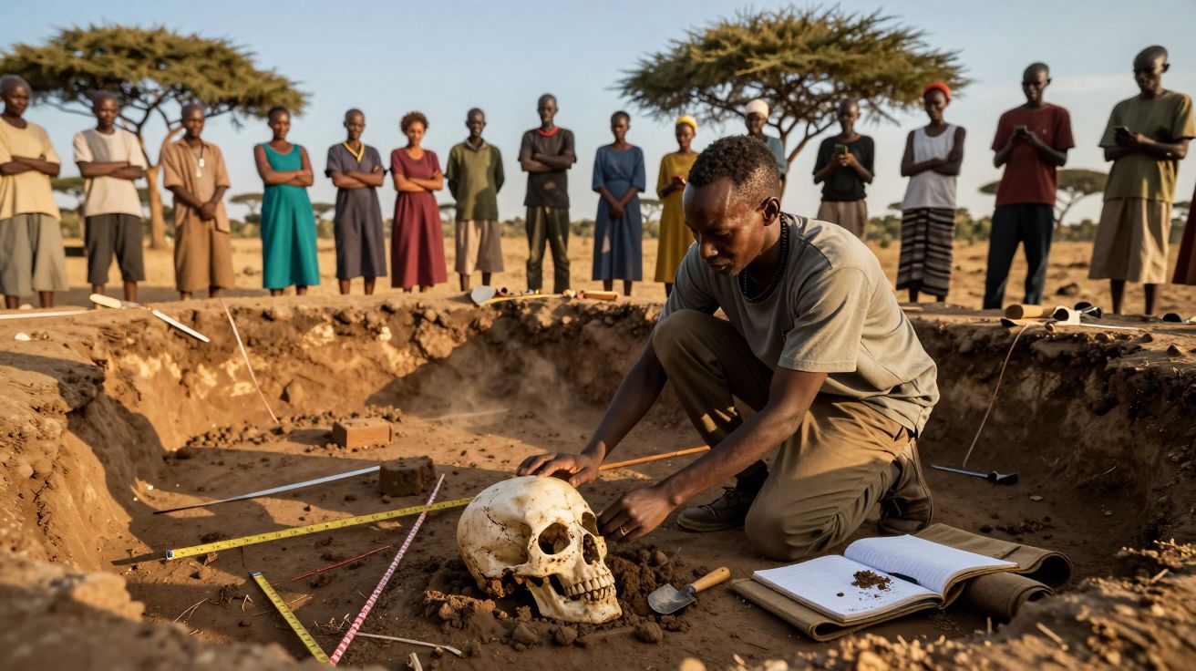 Arheolog analizează un craniu uman la săpătură, înconjurat de oameni care privesc în fundal, într-un peisaj arid.
