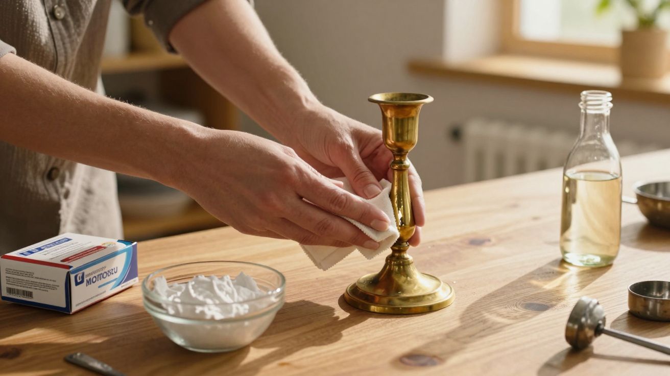 Persoană ștergând un sfeșnic din bronz pe o masă de lemn, alături de un bol cu cremă și o sticlă cu lichid.