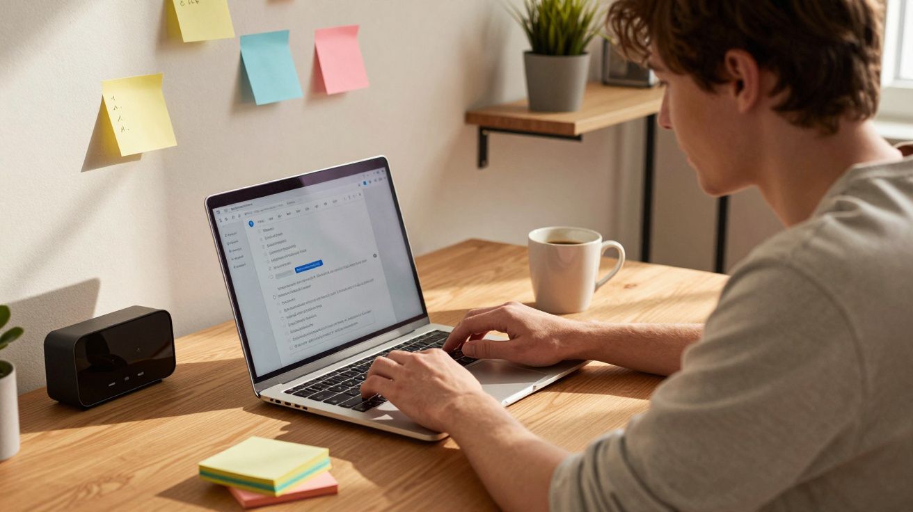 Persoană scriind pe laptop la birou cu ceșcuță de cafea și notițe lipite pe perete.