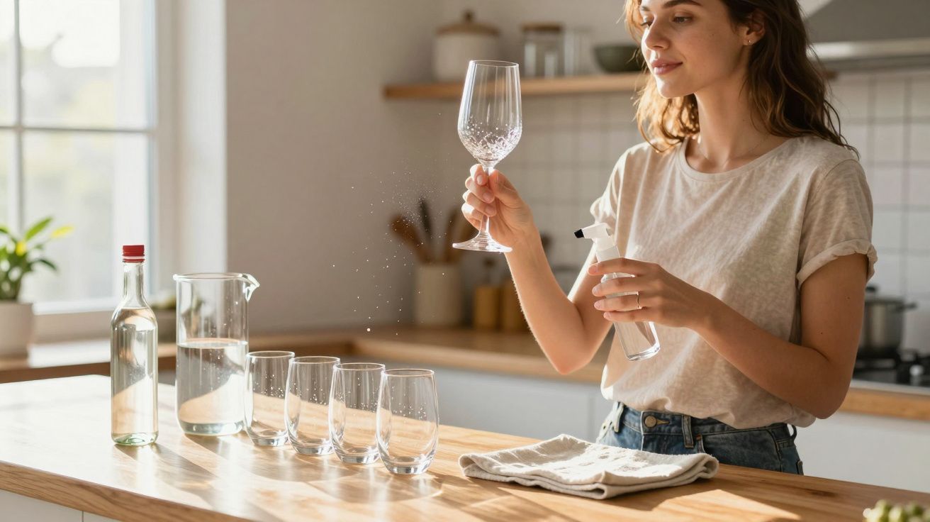 Femeie curățând cu spray un pahar de vin, în bucătărie, cu patru pahare și sticlă pe blat.