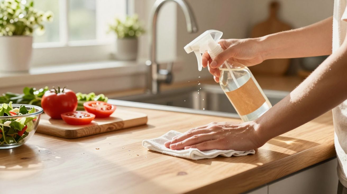 Persoană curățând o suprafață de lemn în bucătărie, cu roșii și salată pe blat lângă fereastră.