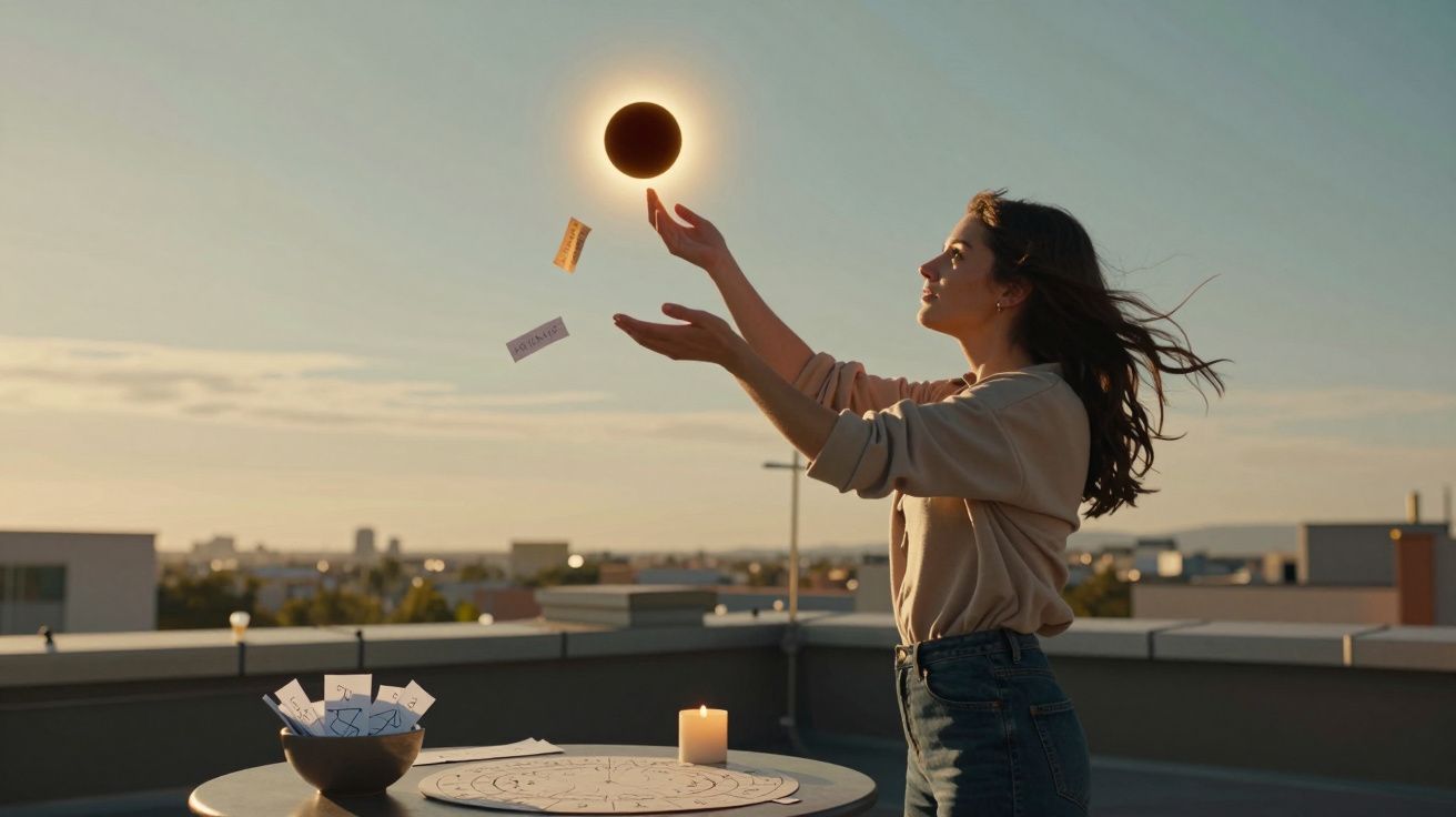 Femeie pe acoperiș aruncând în aer bile și buletine lângă o lumânare aprinsă, sub soare eclipsat.