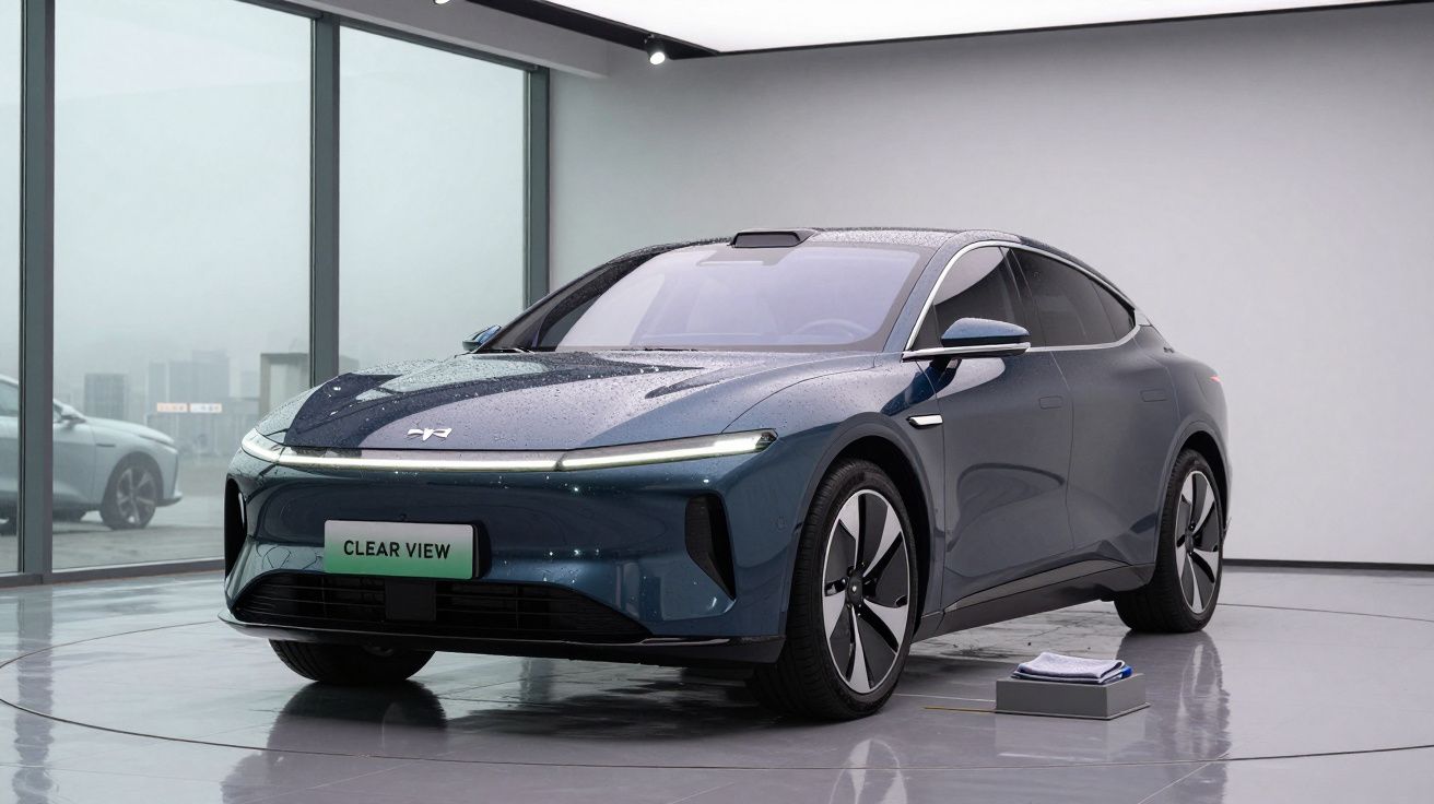 Mașină electrică modernă albastră, expusă într-un showroom cu podea reflectorizantă și geamuri mari.