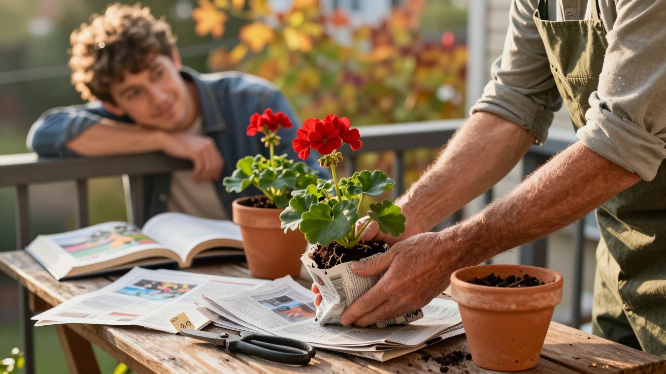 Bărbat transplantând plante roșii în ghivece, în timp ce un tânăr îl privește de pe terasă în aer liber.